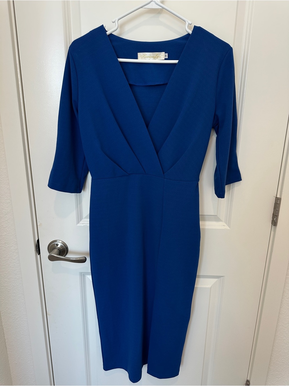 HanmengEqui Blue Wrap Dress Womens M Midi V Neck 3/4 Sleeve Belted